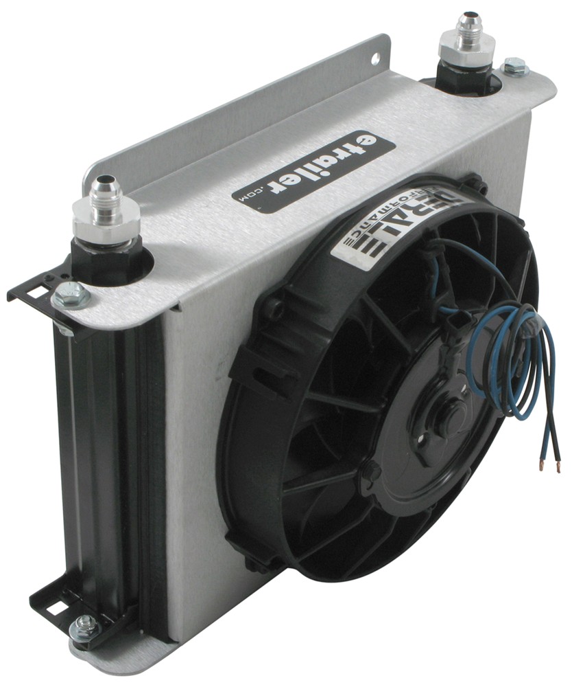 Stacked plate transmission cooler with fan