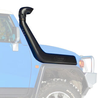 ARB custom fit off-road snorkel on blue Jeep. 