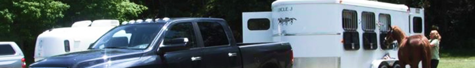 truck parked with attached horse trailer with woman and horse standing next to it. 