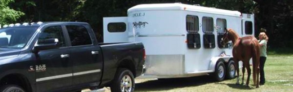 truck parked with attached horse trailer with woman and horse standing next to it. 